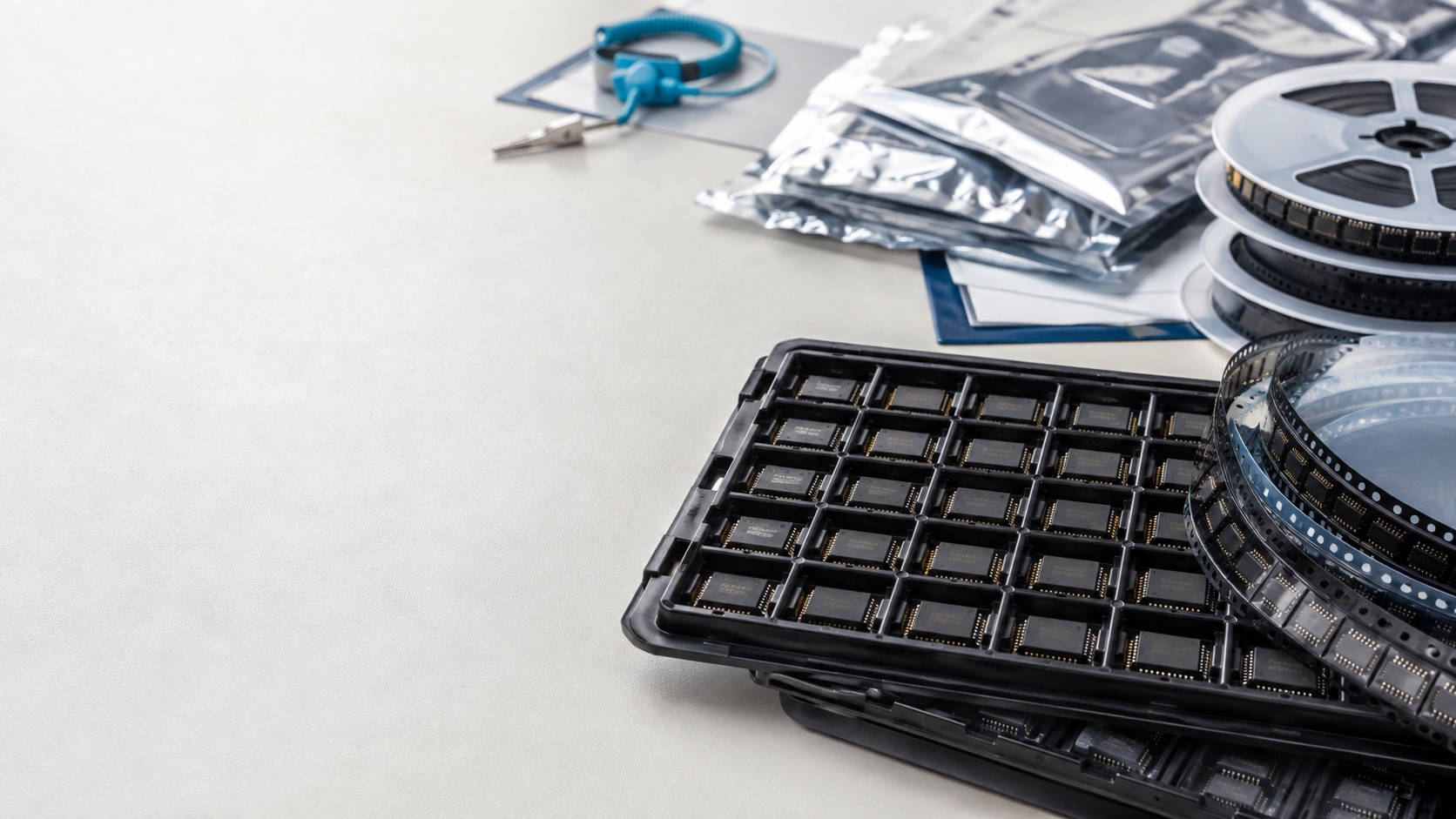 Integrated circuits organized in trays and anti-static carrier tape